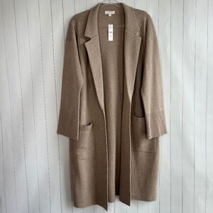 J. Crew women size L Ella open front long sweater blazer tan cotton Merino wool